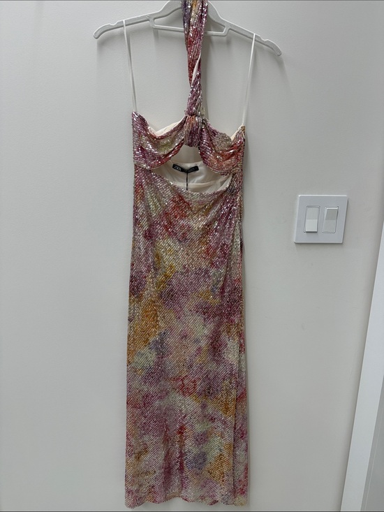 Zara Dresses & Skirts - Zara Sequin Tie-Neck Slip Dress in Multi Pink